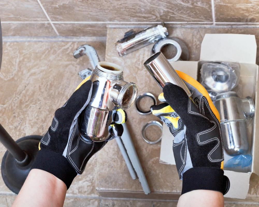 worker with black and yellow gloves holding some platinum faucet